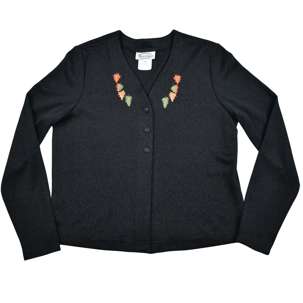 VTG Embroidered Fall Leaves Cardigan Sweater Womens 8 M Black Grandmacore Knit
